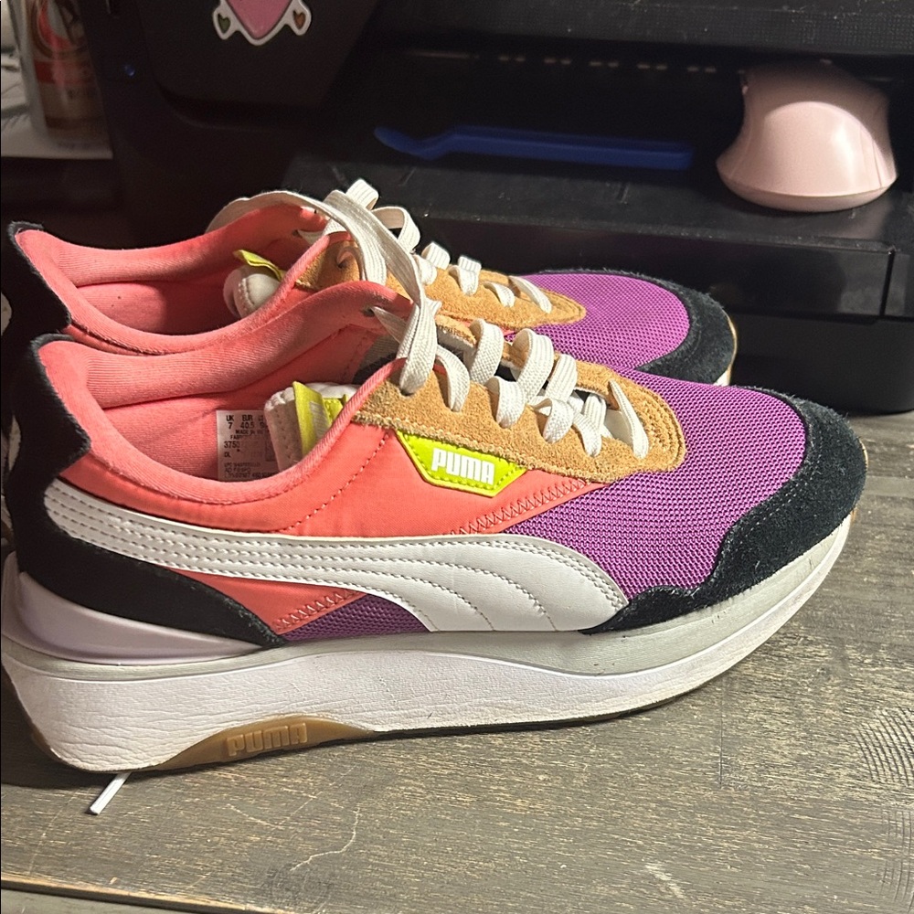 Puma Women's Cruise Rider Silk Road sneakers in the Fizzy Melon/Ebony/Pink/Green